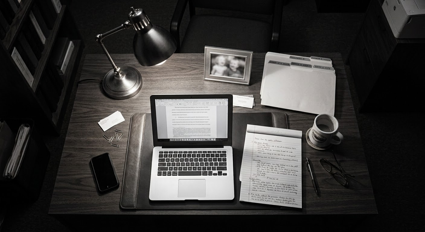 Top-down view of an attorney working late at a desk with desk lamp, open brief on laptop, notepad notes, and family photo