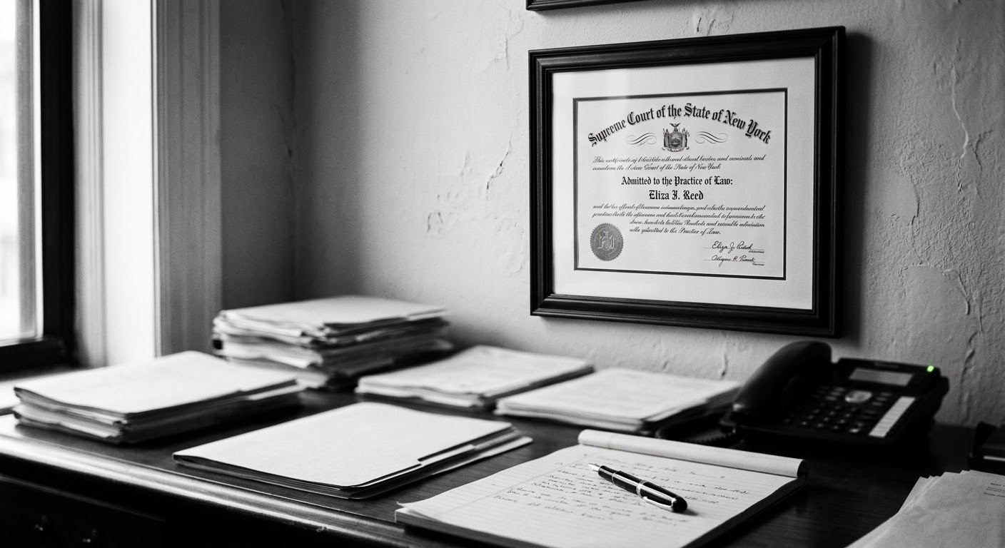 Solitary lawyer desk with framed New York Supreme Court bar admission diploma, yellow legal pad, and fountain pen in classic black and white