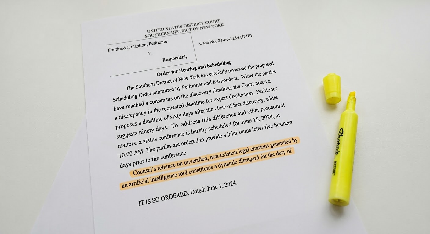 Federal court order from the Southern District of New York with highlighted judicial rebuke regarding unverified AI citations