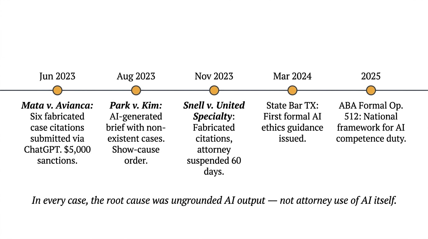 Chronological timeline of generative AI in court: Mata v. Avianca, Park v. Kim, Snell v. United Specialty, State Bar of Texas guidance, and ABA Formal Opinion 512
