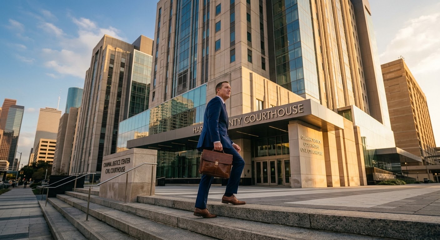 Confident trial attorney ascending the steps of the Harris County Civil Courthouse in radiant morning golden light