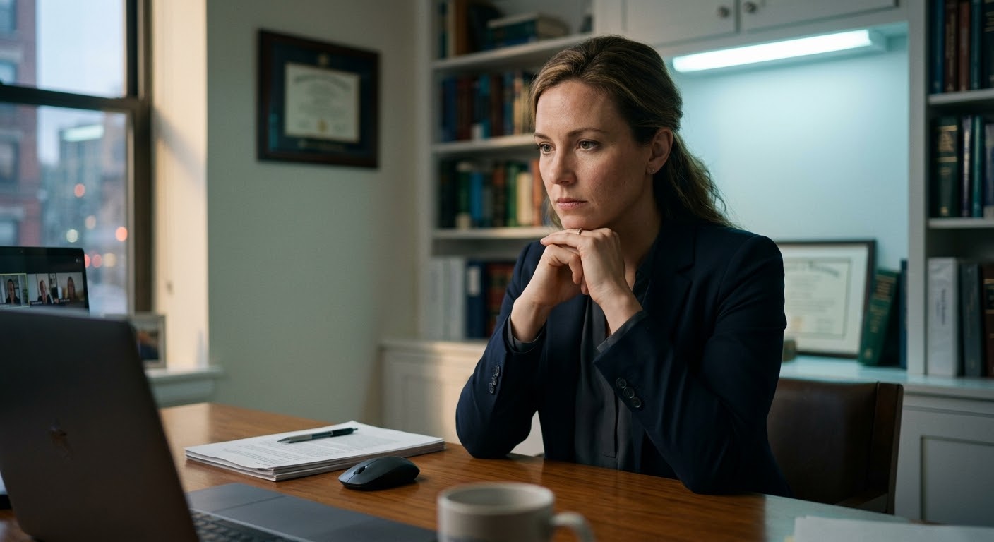 Female litigator conducting a high-stakes remote video deposition with calm focus and real-time record intelligence