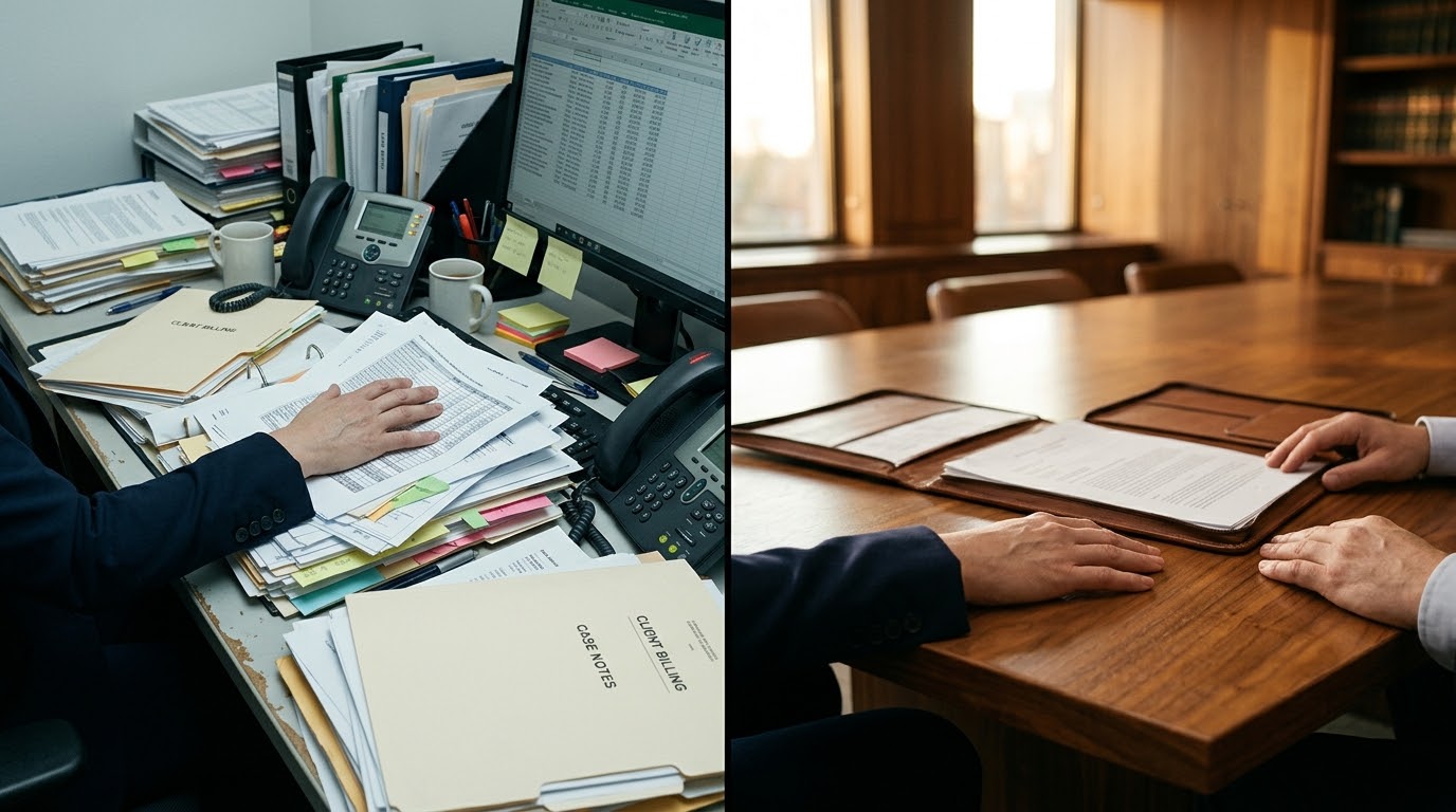 Split-screen visual contrast between an overcrowded, stressful paperwork desk and a serene, sunlit conference table